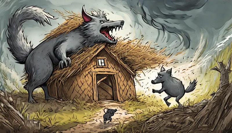 The Big Bad Wolf blowing down the straw house with the little pig running away.