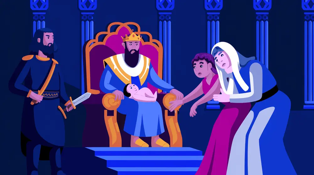 King Solomon sits on his golden throne while two women argue over a baby. A royal guard holds a sword.