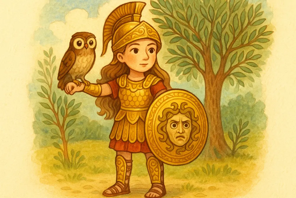 Athena in golden armor with owl and olive tree.