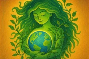 Symbolic image of Gaia holding the Earth in modern culture.